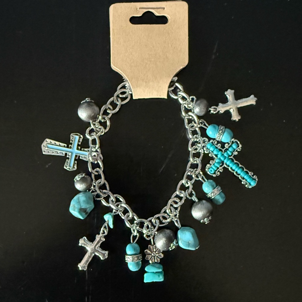 Alloy Pendant Iron Chain Beaded Faux Turquoise Inlaid Drop Oil Cross Bracelet - Picture 4 of 6